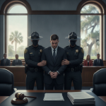 A man in a suit is escorted by two law enforcement officers in a courtroom settin — Roosevelt Allen Douglas II guilty plea