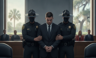 A man in a suit is escorted by two law enforcement officers in a courtroom settin — Roosevelt Allen Douglas II guilty plea