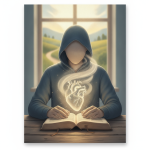 A hooded figure with a glowing heart sits at a table, reading an open book in a serene setting, symbolizing — Salmos 51:10