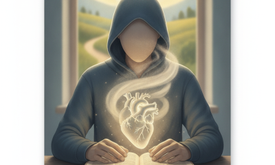 A hooded figure with a glowing heart sits at a table, reading an open book in a serene setting, symbolizing — Salmos 51:10