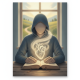 A hooded figure with a glowing heart sits at a table, reading an open book in a serene setting, symbolizing — Salmos 51:10