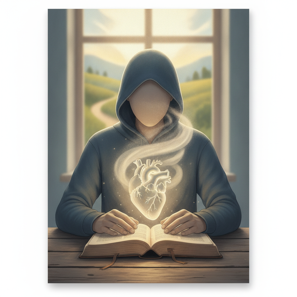 A hooded figure with a glowing heart sits at a table, reading an open book in a serene setting, symbolizing — Salmos 51:10
