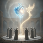 A glowing heart and dove symbolizing spiritual renewal, surrounded by cloaked figures in a mystical setting. — Salmos 51:10