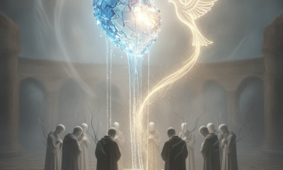 A glowing heart and dove symbolizing spiritual renewal, surrounded by cloaked figures in a mystical setting. — Salmos 51:10