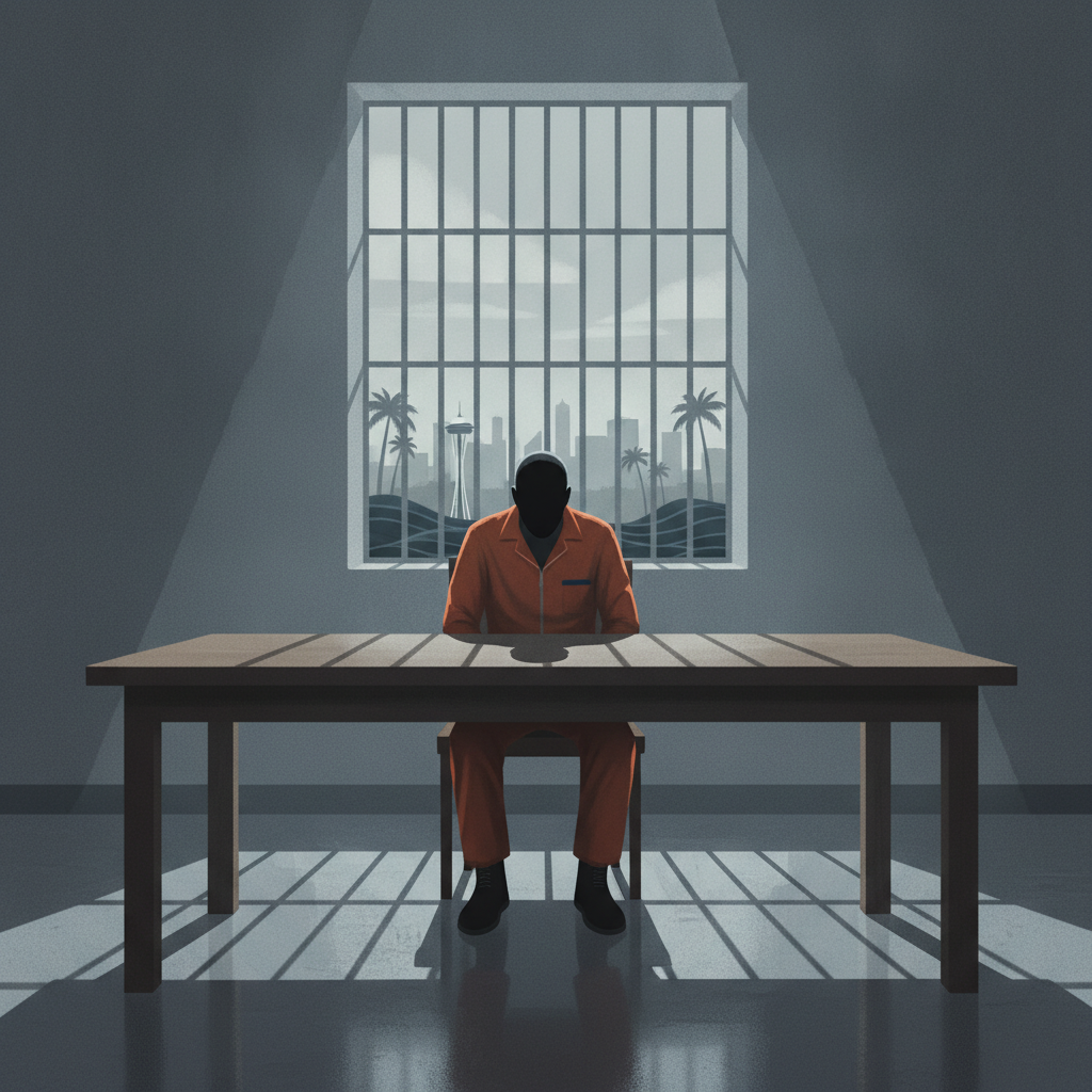 Silhouette of a person in an orange prison uniform sitting at a table in a dimly lit room with barred windows.