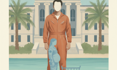 A faceless man in an orange jumpsuit stands by a beach, with a blue silhouette of a c — Shannon Wilkerson Pensacola appeal