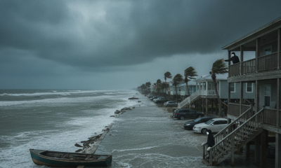 Coastal scene in Escambia during storm surge watch, with rough seas, dark clouds, and a boat — Pensacola storm surge watch