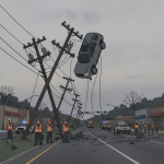 An SUV is suspended vertically on utility guy wires after a crash on Pensacola Boulev — Pensacola Boulevard Guy Wire Crash
