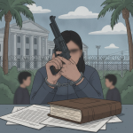 A handcuffed individual holding a handgun in front of legal documents and a courthouse — Tallahassee felon gun possession