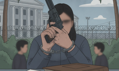 A handcuffed individual holding a handgun in front of legal documents and a courthouse — Tallahassee felon gun possession