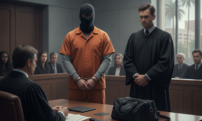 Masked man in orange prison clothing stands beside a lawyer in a courtroom, with evi — Tallahassee Z-Mart robbery sentence