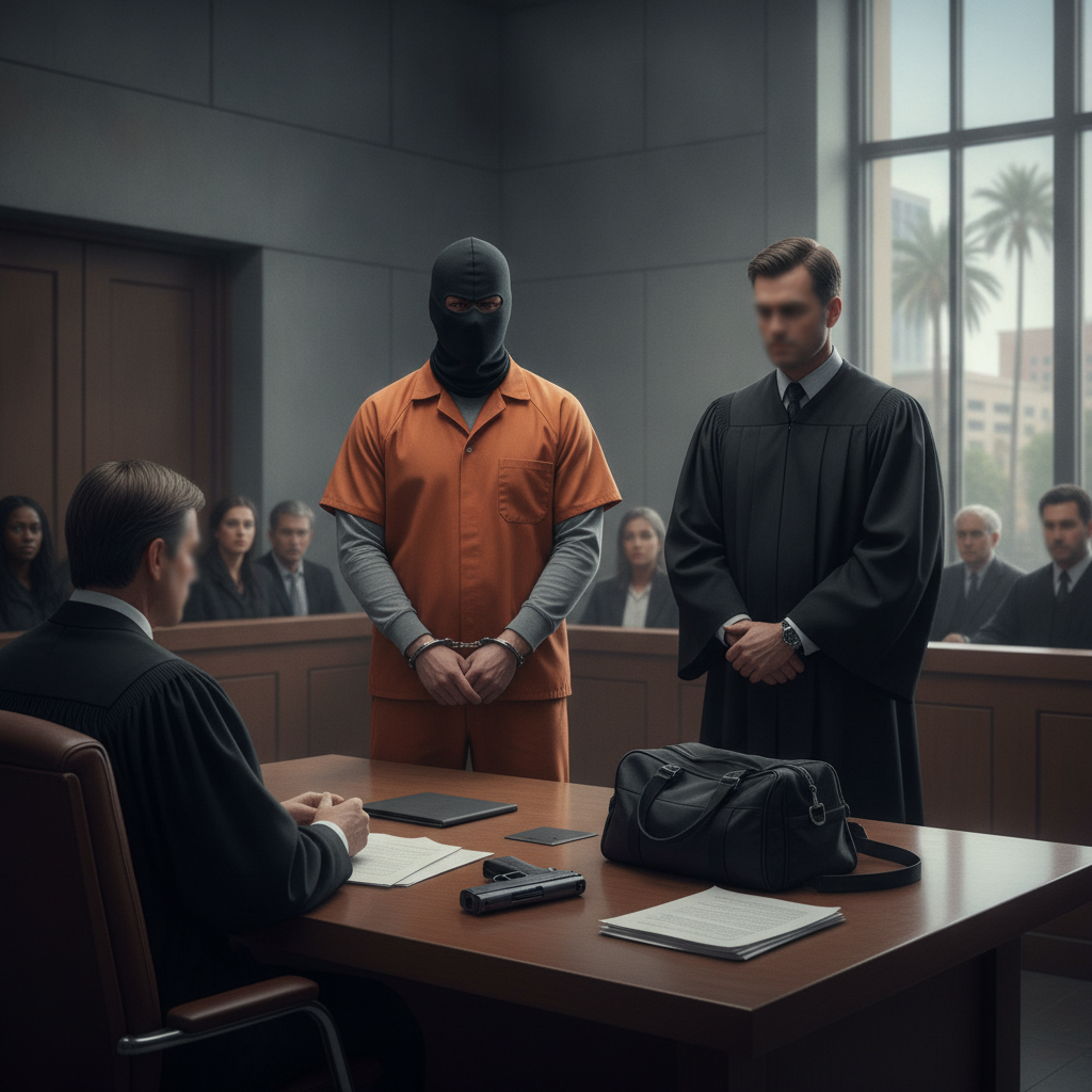 Masked man in orange prison clothing stands beside a lawyer in a courtroom, with evi — Tallahassee Z-Mart robbery sentence