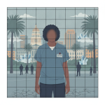 A woman in a federal prison uniform stands in front of a city skyline, symbolizing a drug tra — Timeka Griffin Tallahassee