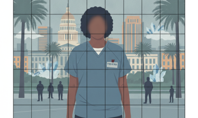 A woman in a federal prison uniform stands in front of a city skyline, symbolizing a drug tra — Timeka Griffin Tallahassee