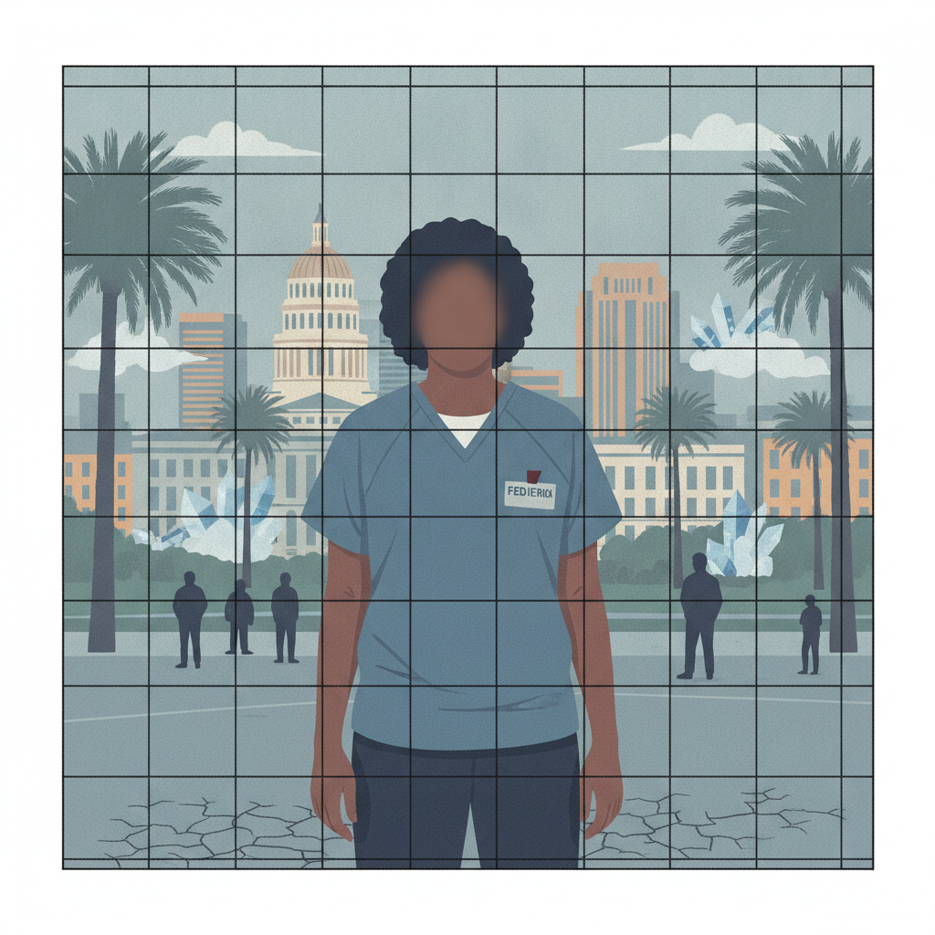A woman in a federal prison uniform stands in front of a city skyline, symbolizing a drug tra — Timeka Griffin Tallahassee