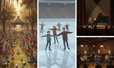 A collage showcasing events in Pensacola: a dog festival, ice skating, a piano performan — Things to Do in Pensacola Today