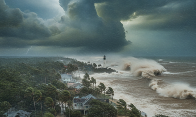 Dramatic scene of a coastal area during Hurricane Isaias with dark storm clouds, strong winds — Hurricane Isaias Pensacola