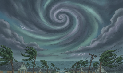 Illustration of a swirling hurricane over a coastal area with strong winds, dark clouds, and — Hurricane Isaias Pensacola