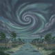 Illustration of a swirling hurricane over a coastal area with strong winds, dark clouds, and — Hurricane Isaias Pensacola