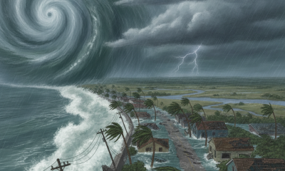 A dramatic scene depicting Hurricane Isaias with a swirling storm cloud over a coastal area, — Hurricane Isaias Pensacola