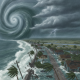 A dramatic scene depicting Hurricane Isaias with a swirling storm cloud over a coastal area, — Hurricane Isaias Pensacola