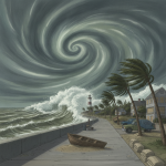 A coastal scene depicting strong winds and high waves as a hurricane approaches, with — Hurricane Watch Northwest Florida
