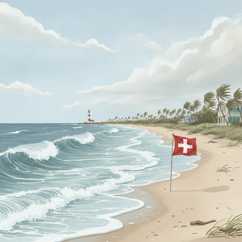 Waves crashing on a beach with a Swiss flag in the foreground and a lighthouse in the background — Tropical Cyclone Isaias