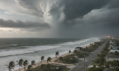 Dark storm clouds loom over a coastal road lined with palm trees, indicating severe weather c — Hurricane Isaias Pensacola