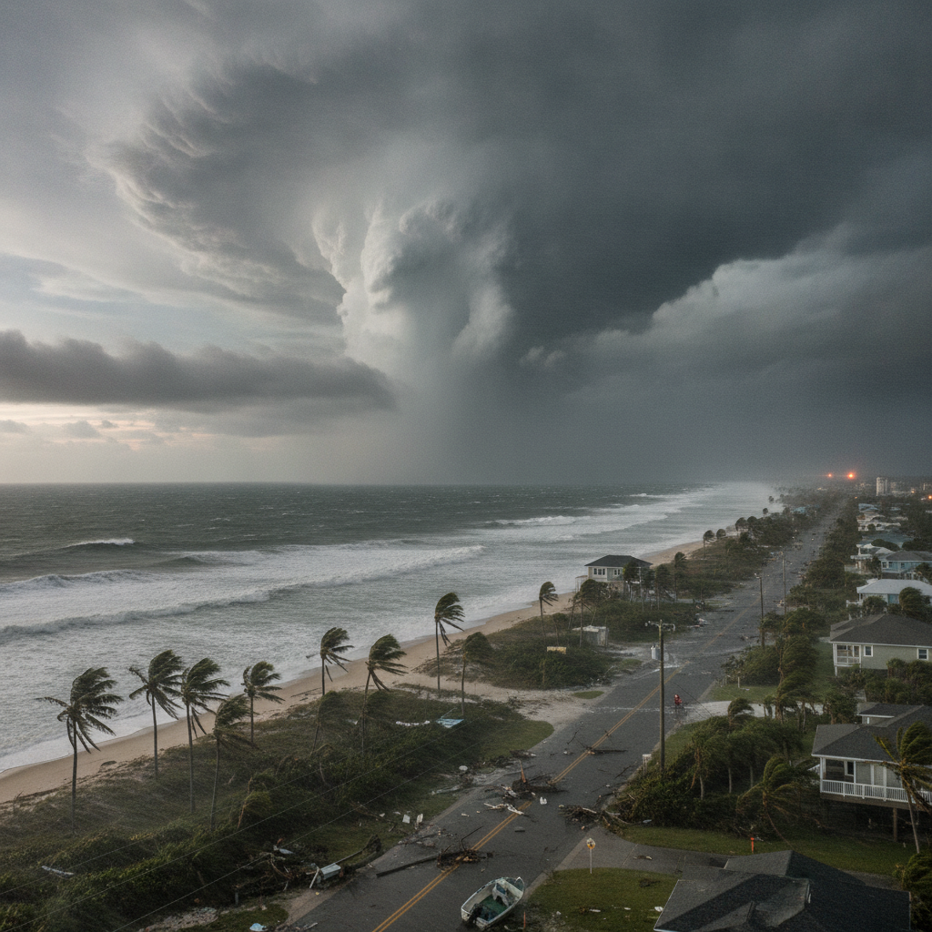 Dark storm clouds loom over a coastal road lined with palm trees, indicating severe weather c — Hurricane Isaias Pensacola