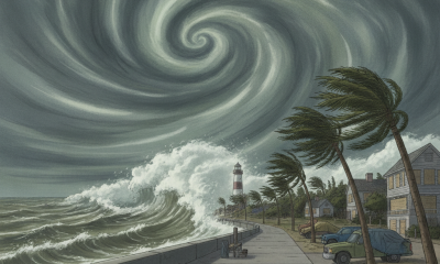 A coastal scene depicting strong winds and high waves as a hurricane approaches, with — Hurricane Watch Northwest Florida