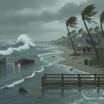 A coastal scene depicting strong winds and high waves during a tropical storm, with a f — Pensacola tropical storm warning