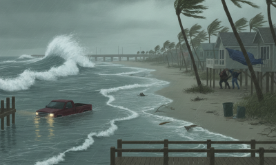 A coastal scene depicting strong winds and high waves during a tropical storm, with a f — Pensacola tropical storm warning