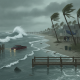 A coastal scene depicting strong winds and high waves during a tropical storm, with a f — Pensacola tropical storm warning