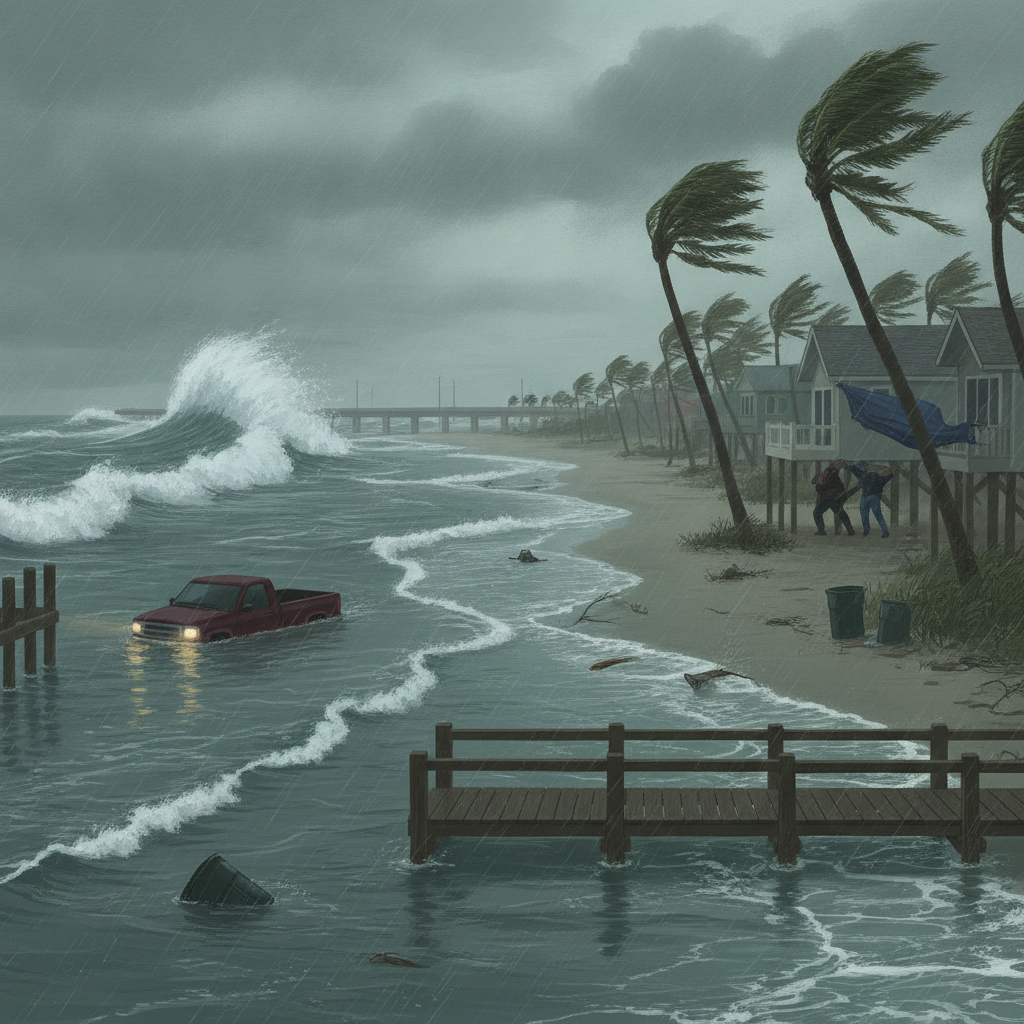 A coastal scene depicting strong winds and high waves during a tropical storm, with a f — Pensacola tropical storm warning