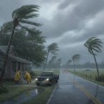 Two people in yellow raincoats prepare sandbags as strong winds and rain from a t — Escambia County Tropical Storm Warning