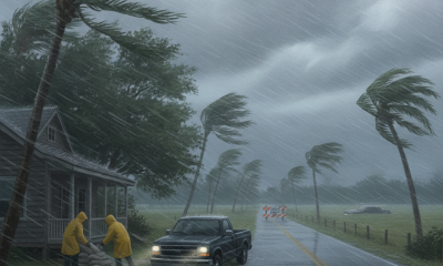 Two people in yellow raincoats prepare sandbags as strong winds and rain from a t — Escambia County Tropical Storm Warning