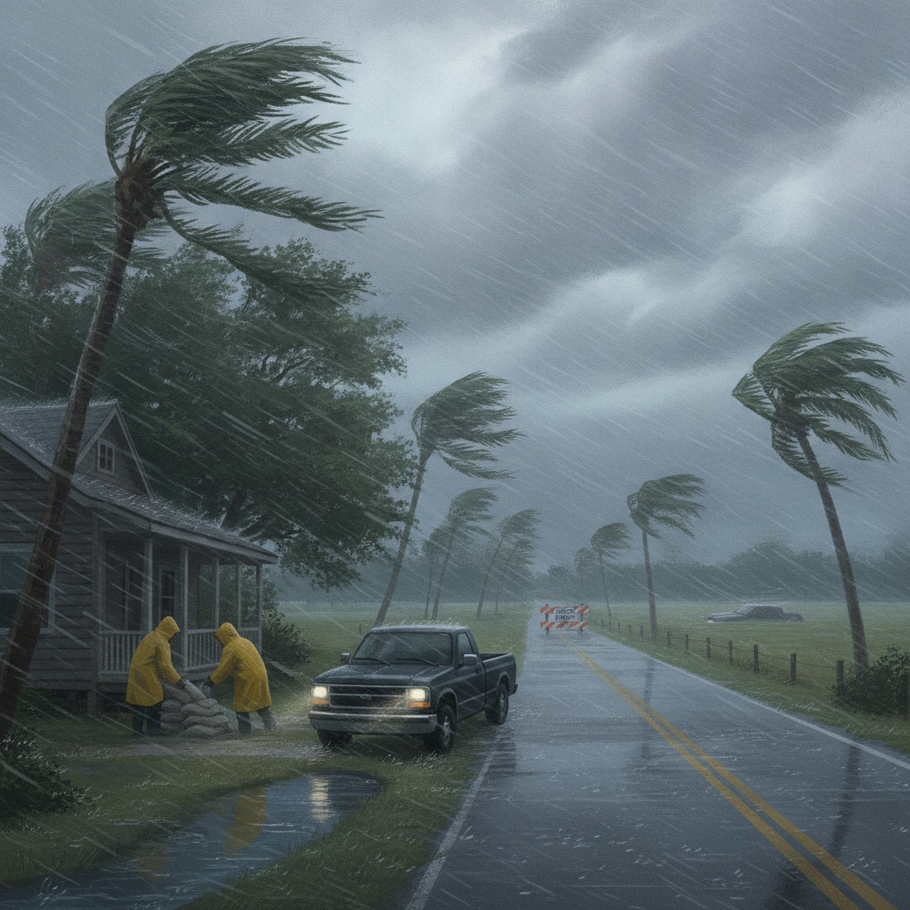 Two people in yellow raincoats prepare sandbags as strong winds and rain from a t — Escambia County Tropical Storm Warning
