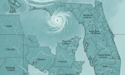 Mapa meteorológico que señala la zona bajo vigilancia de inundaciones Escambia y condados vecinos.