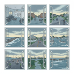 Illustration depicting various flood scenarios viewed through windows, showing flood — vigilancia de inundaciones escambia