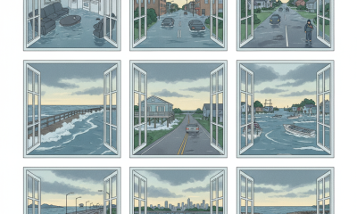 Illustration depicting various flood scenarios viewed through windows, showing flood — vigilancia de inundaciones escambia