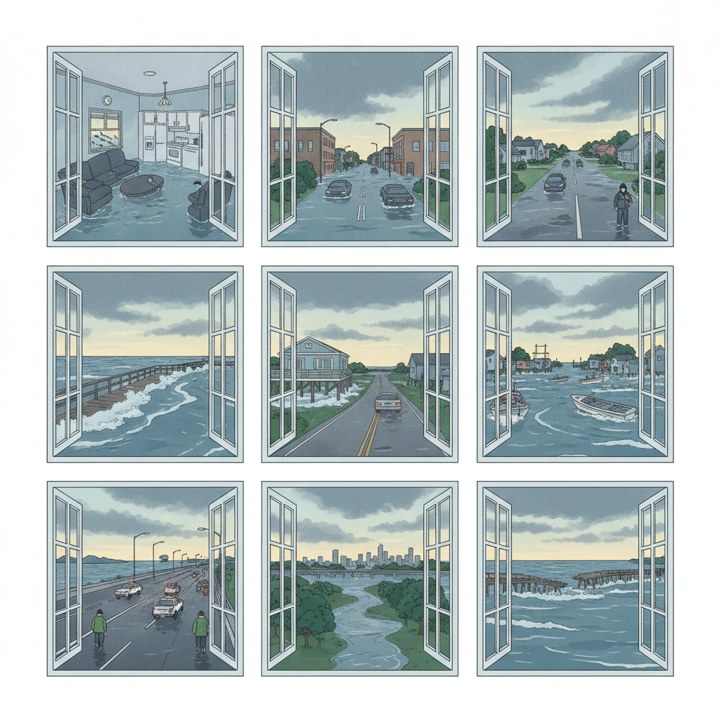 Illustration depicting various flood scenarios viewed through windows, showing flood — vigilancia de inundaciones escambia