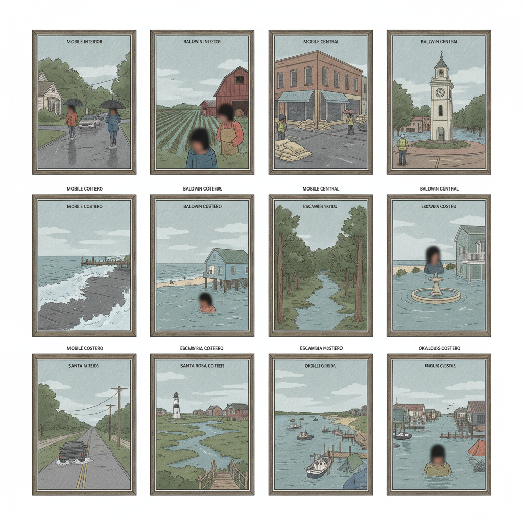 Illustrations depicting various areas under flood watch in northwest Flor — vigilancia de inundaciones noroeste de florida
