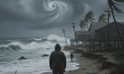 Person standing on a stormy beach with strong winds and high waves, indicating hurricane — vigilancia de huracan escambia