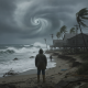 Person standing on a stormy beach with strong winds and high waves, indicating hurricane — vigilancia de huracan escambia