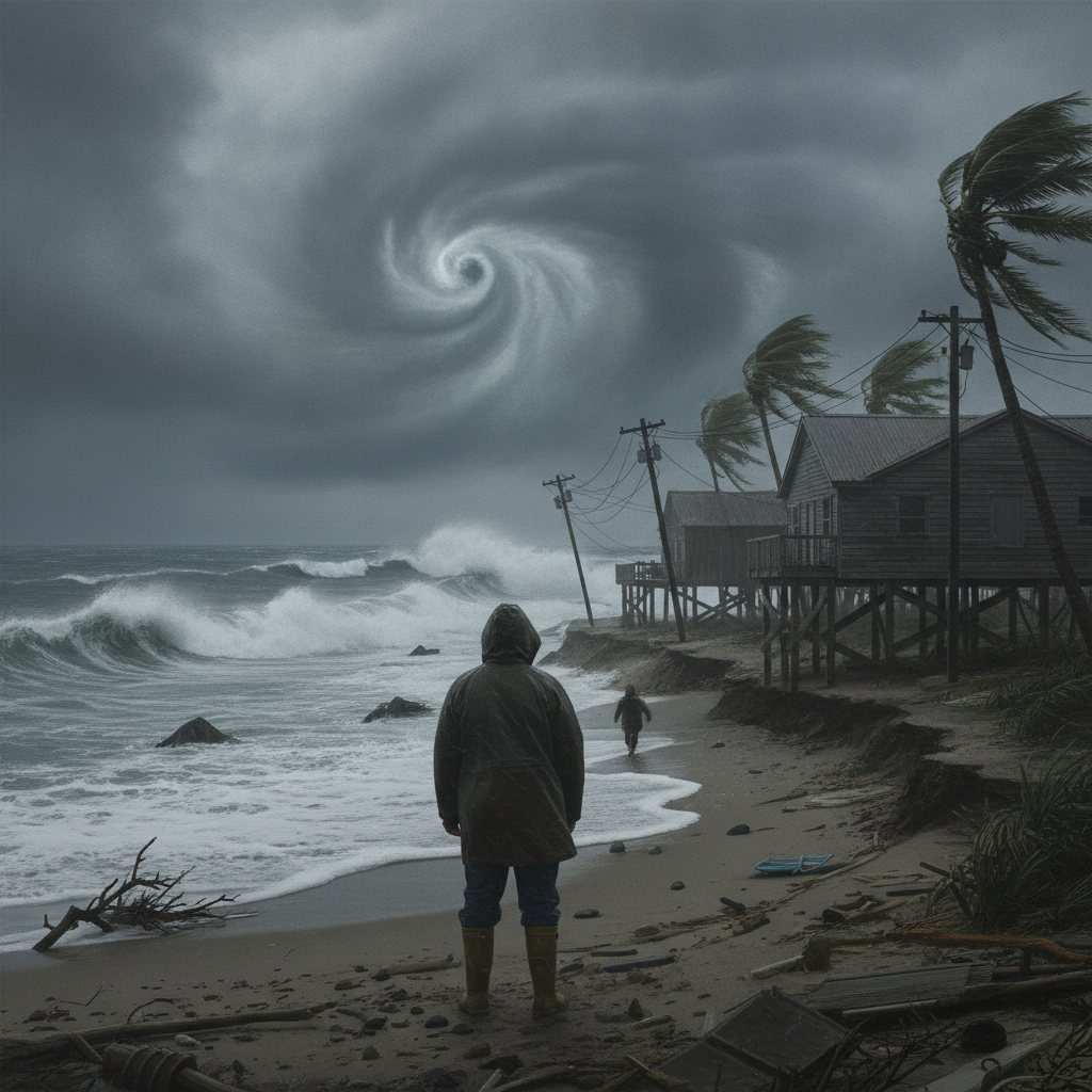 Person standing on a stormy beach with strong winds and high waves, indicating hurricane — vigilancia de huracan escambia