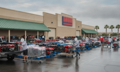 People loading portable generators onto carts outside a Lowe's store in Pensacola, prepari — Generators in Stock Pensacola