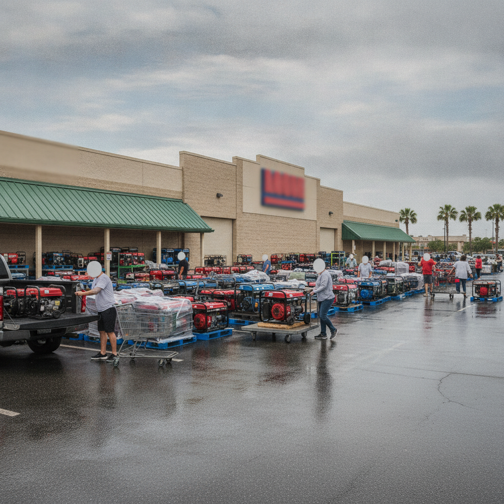 People loading portable generators onto carts outside a Lowe's store in Pensacola, prepari — Generators in Stock Pensacola