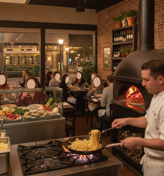 Chef preparing fresh pasta in a bustling restaurant with diners enjoying their — Angelena's Ristorante Italiano Pensacola
