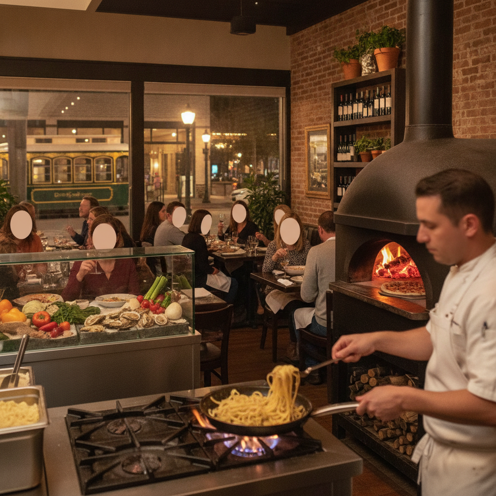 Chef preparing fresh pasta in a bustling restaurant with diners enjoying their — Angelena's Ristorante Italiano Pensacola