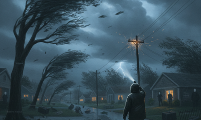 A person stands in a stormy neighborhood with strong winds and lightning, illustrating the Escambia County wind advisory.